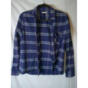Check and Stripe Plaid Flannel Button Down Shirt Womens Blue Long‎ Sleeve Top L